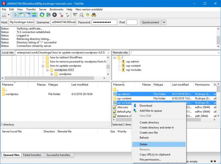 پوشه Menghapus وردپرس از طریق FTP