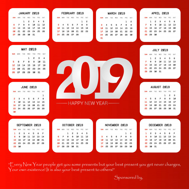 دانلود رایگان تقویم 2019 با پس زمینه قرمز 