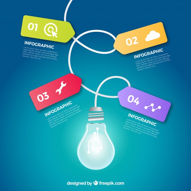 infographic اینفو گرافیک لامپ با آیکون ها و اطلاعات آن
