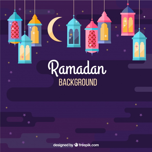 پس زمینه ماه رمضان با لامپ های رنگارنگ در سبک فلت