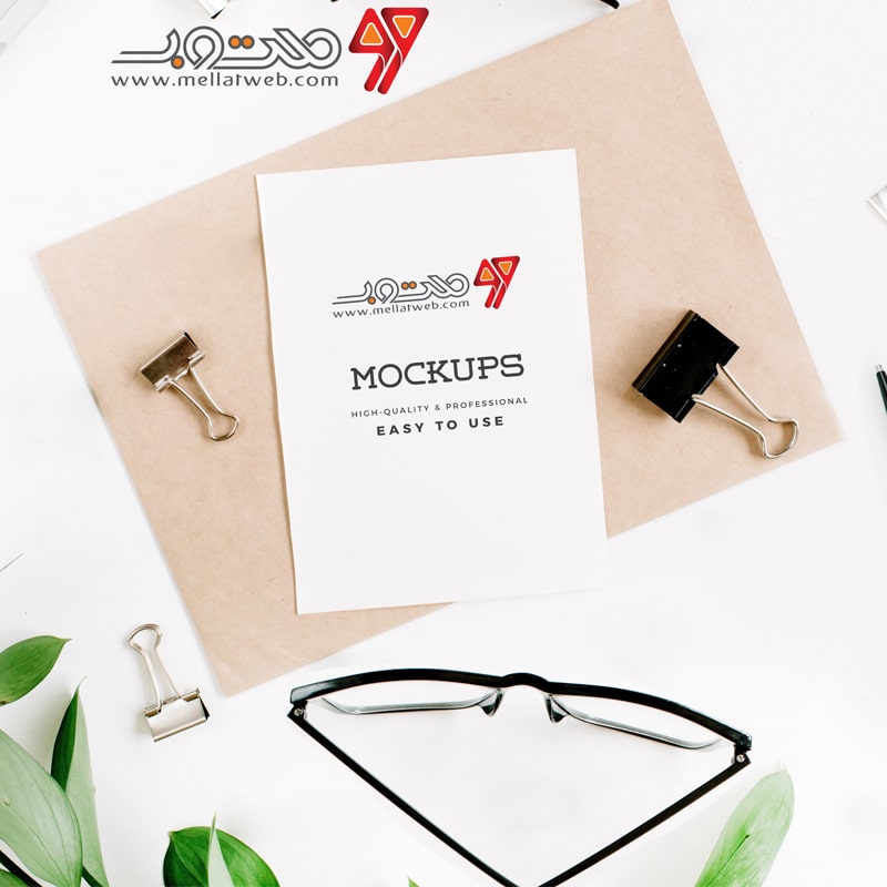 موکاپ (Mockup) طرح لایه باز اوراق اداری (ست اداری) - گل و عینک